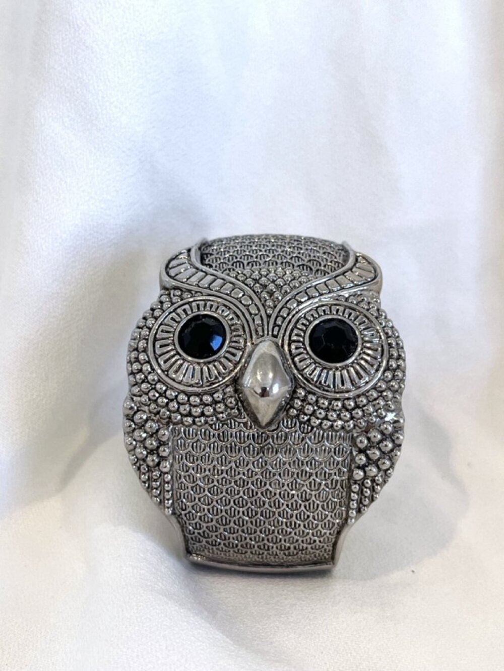 Silver Tone Owl Face Hinged Cuff Bracelet Black Eyes Statement